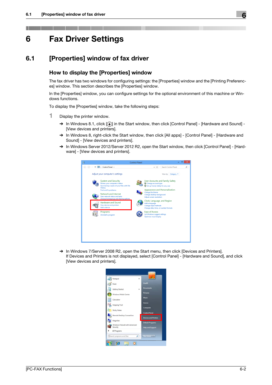 6 fax driver settings, 1 [properties] window of fax driver, How to display the [properties] window | Fax driver settings, 6fax driver settings | Konica Minolta bizhub C3350 User Manual | Page 44 / 61