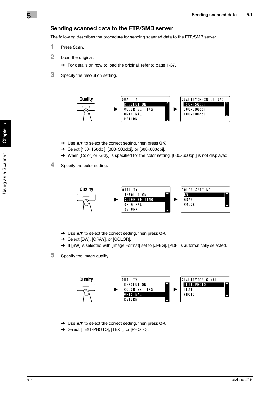 Sending scanned data to the ftp/smb server, Sending scanned data to the ftp/smb server -4 | Konica Minolta Bizhub 215 User Manual | Page 103 / 126