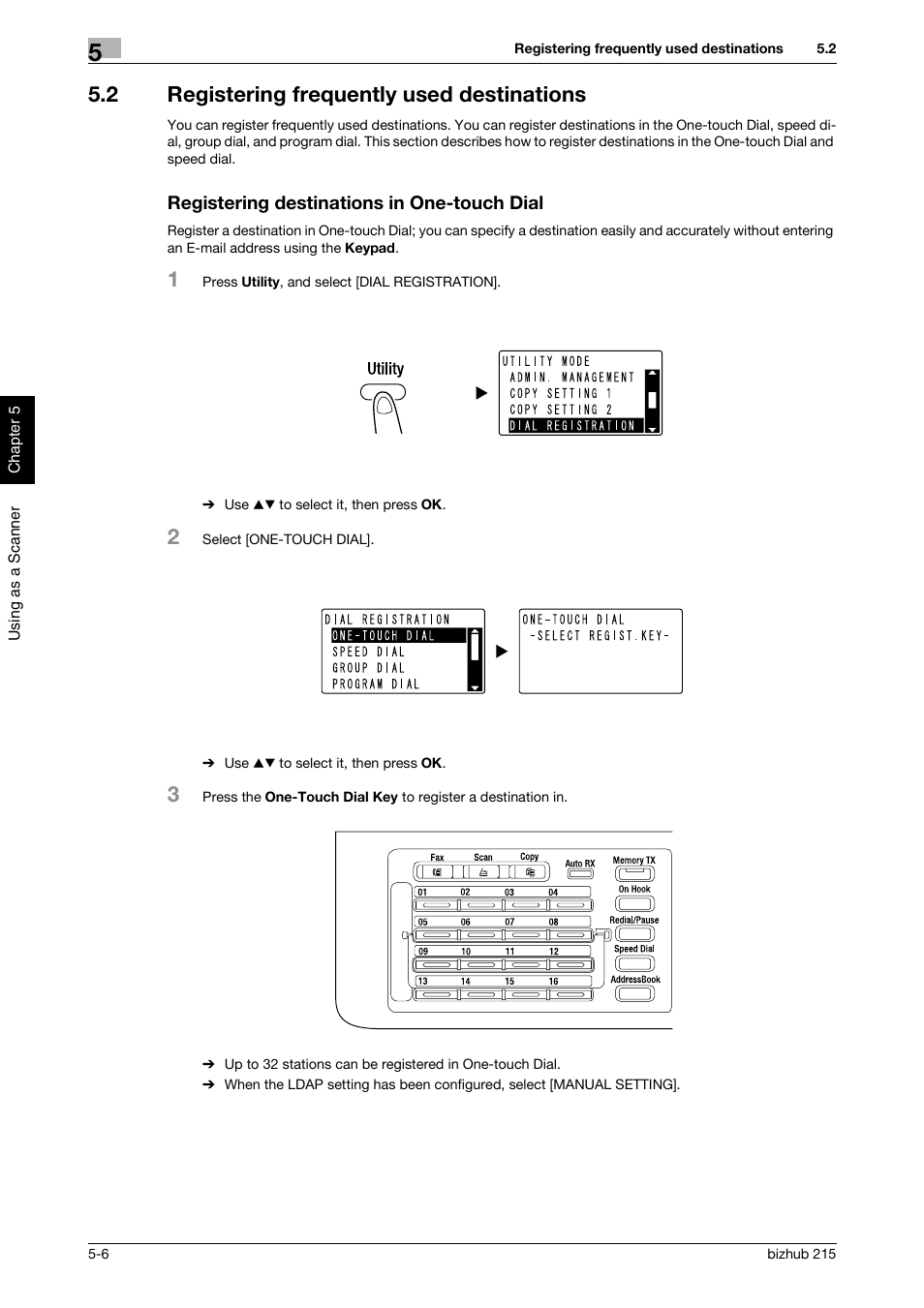 2 registering frequently used destinations, Registering destinations in one-touch dial | Konica Minolta Bizhub 215 User Manual | Page 105 / 126