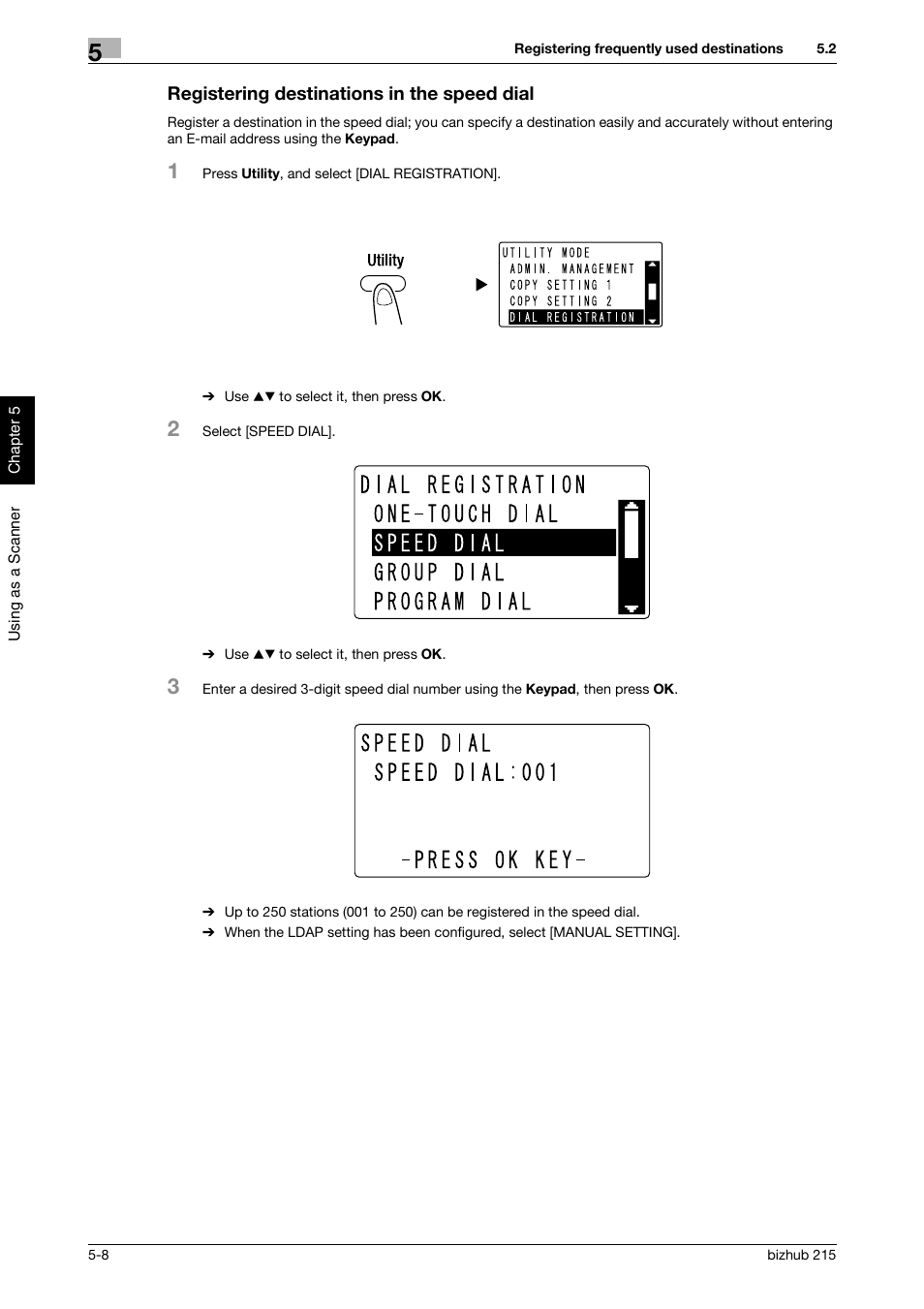 Registering destinations in the speed dial, Registering destinations in the speed dial -8 | Konica Minolta Bizhub 215 User Manual | Page 107 / 126