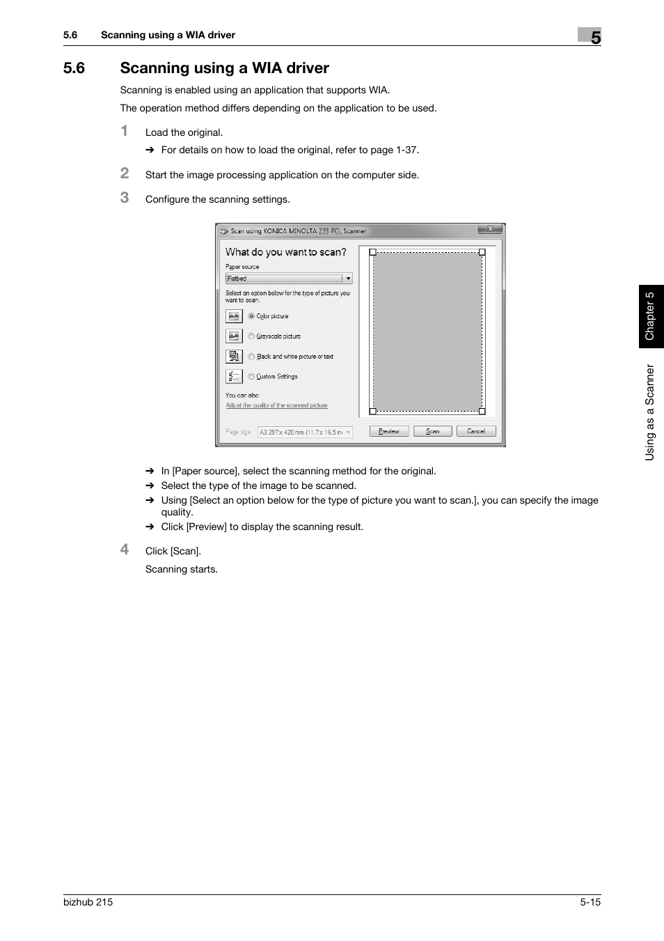 6 scanning using a wia driver, Scanning using a wia driver -15 | Konica Minolta Bizhub 215 User Manual | Page 114 / 126
