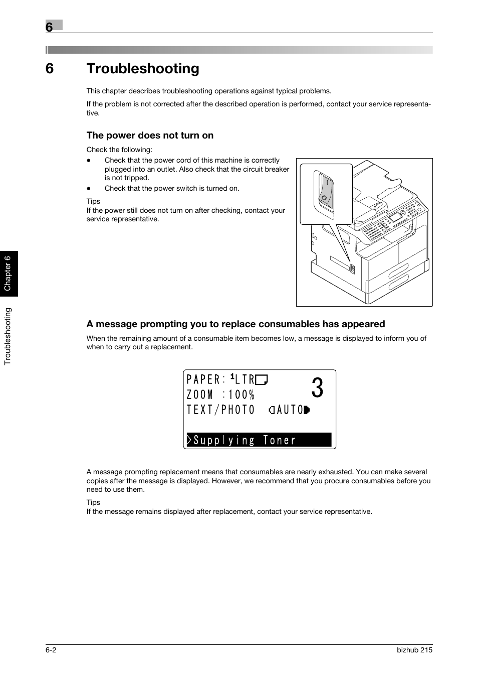6 troubleshooting, The power does not turn on, Troubleshooting | 6troubleshooting | Konica Minolta Bizhub 215 User Manual | Page 117 / 126