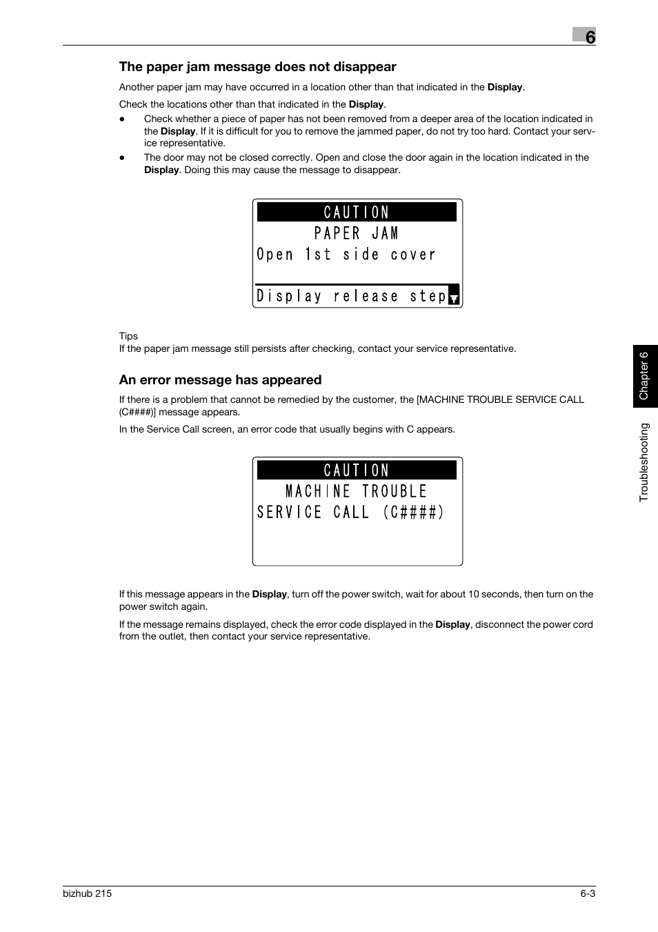 The paper jam message does not disappear, An error message has appeared | Konica Minolta Bizhub 215 User Manual | Page 118 / 126