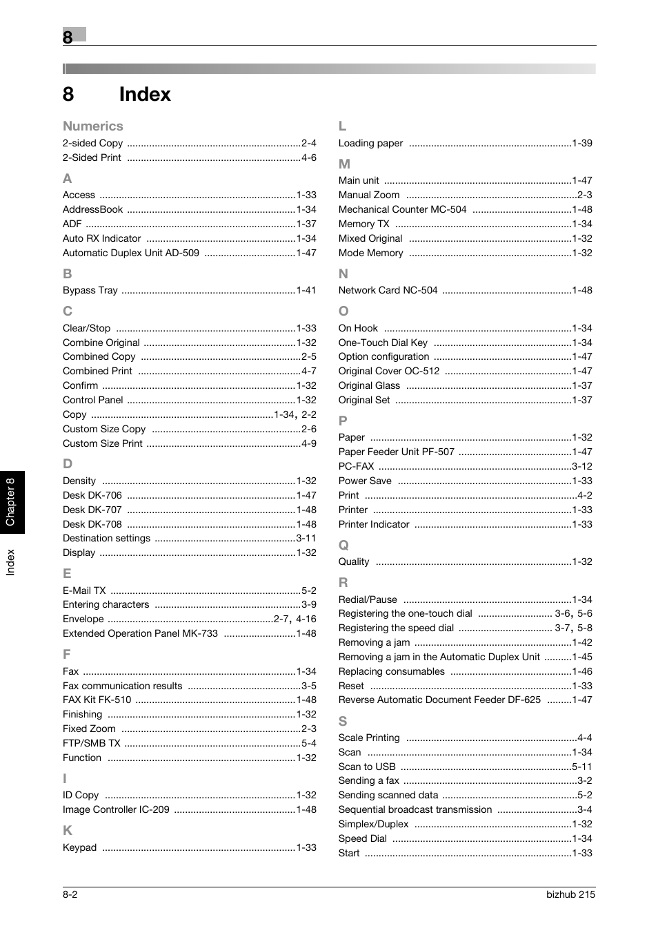 8 index, Index, 8index | Konica Minolta Bizhub 215 User Manual | Page 123 / 126