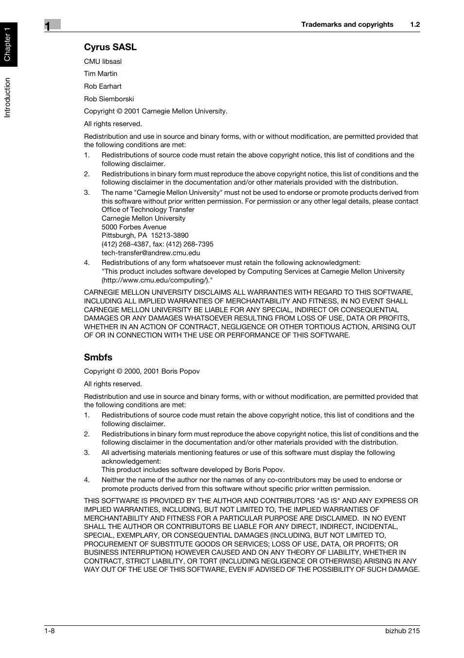 Cyrus sasl, Smbfs, Cyrus sasl -8 smbfs -8 | Konica Minolta Bizhub 215 User Manual | Page 13 / 126