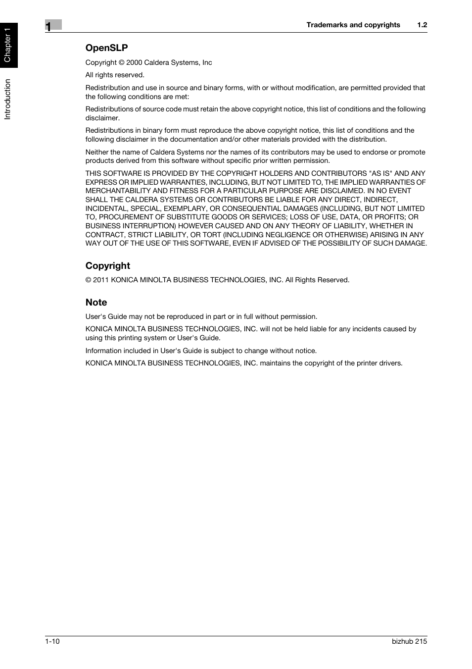 Openslp, Copyright, Note | Openslp -10 copyright -10 note -10 | Konica Minolta Bizhub 215 User Manual | Page 15 / 126