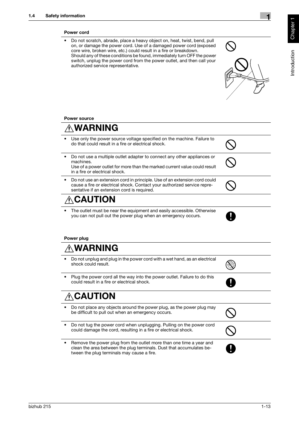 Warning, Caution | Konica Minolta Bizhub 215 User Manual | Page 18 / 126