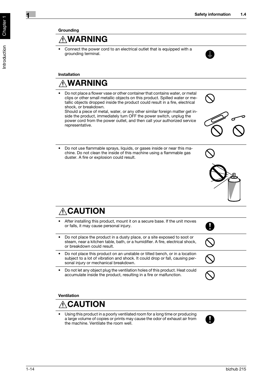 Warning, Caution | Konica Minolta Bizhub 215 User Manual | Page 19 / 126