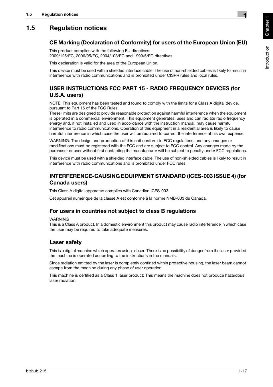 5 regulation notices, Laser safety | Konica Minolta Bizhub 215 User Manual | Page 22 / 126