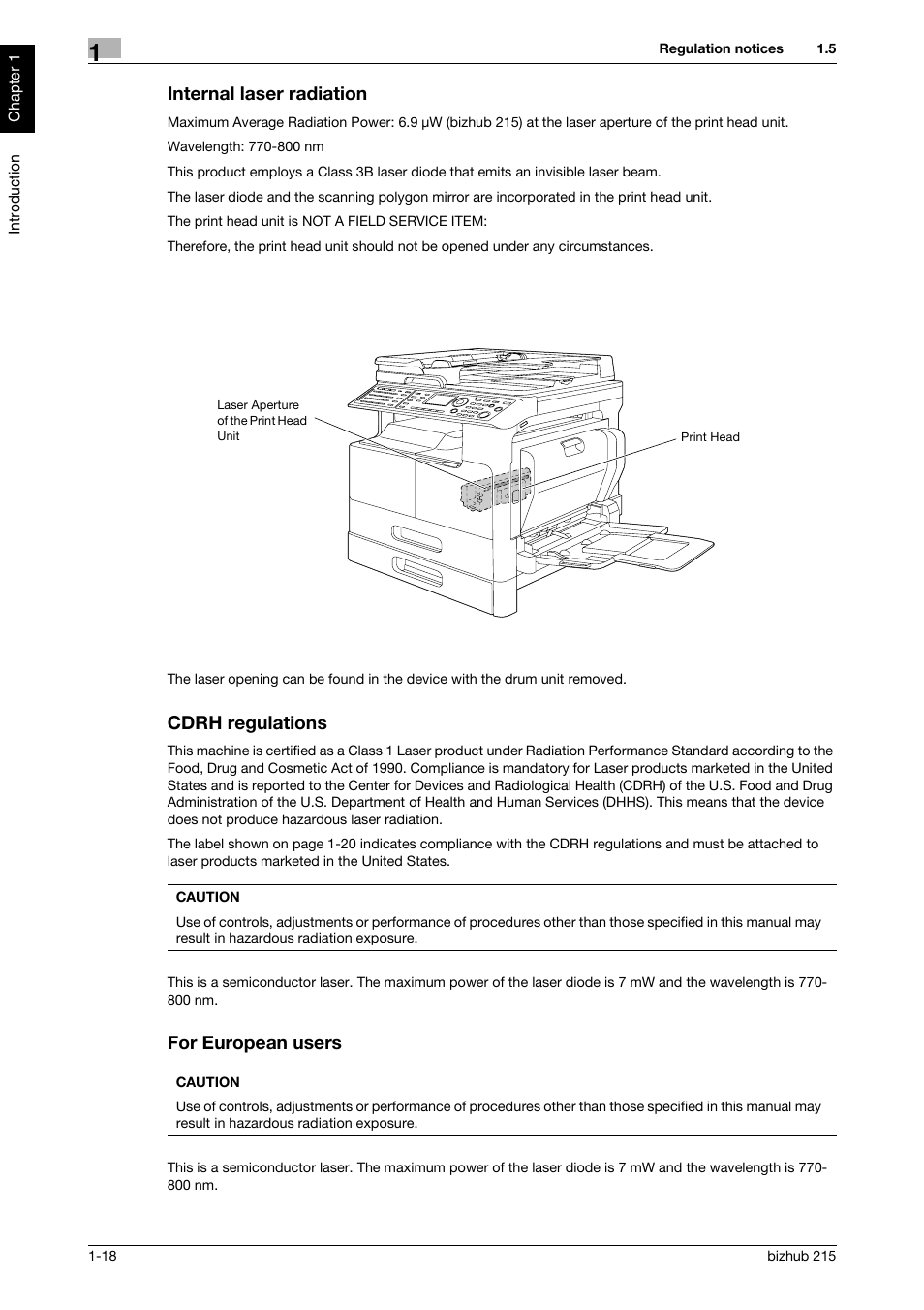 Internal laser radiation, Cdrh regulations, For european users | Konica Minolta Bizhub 215 User Manual | Page 23 / 126