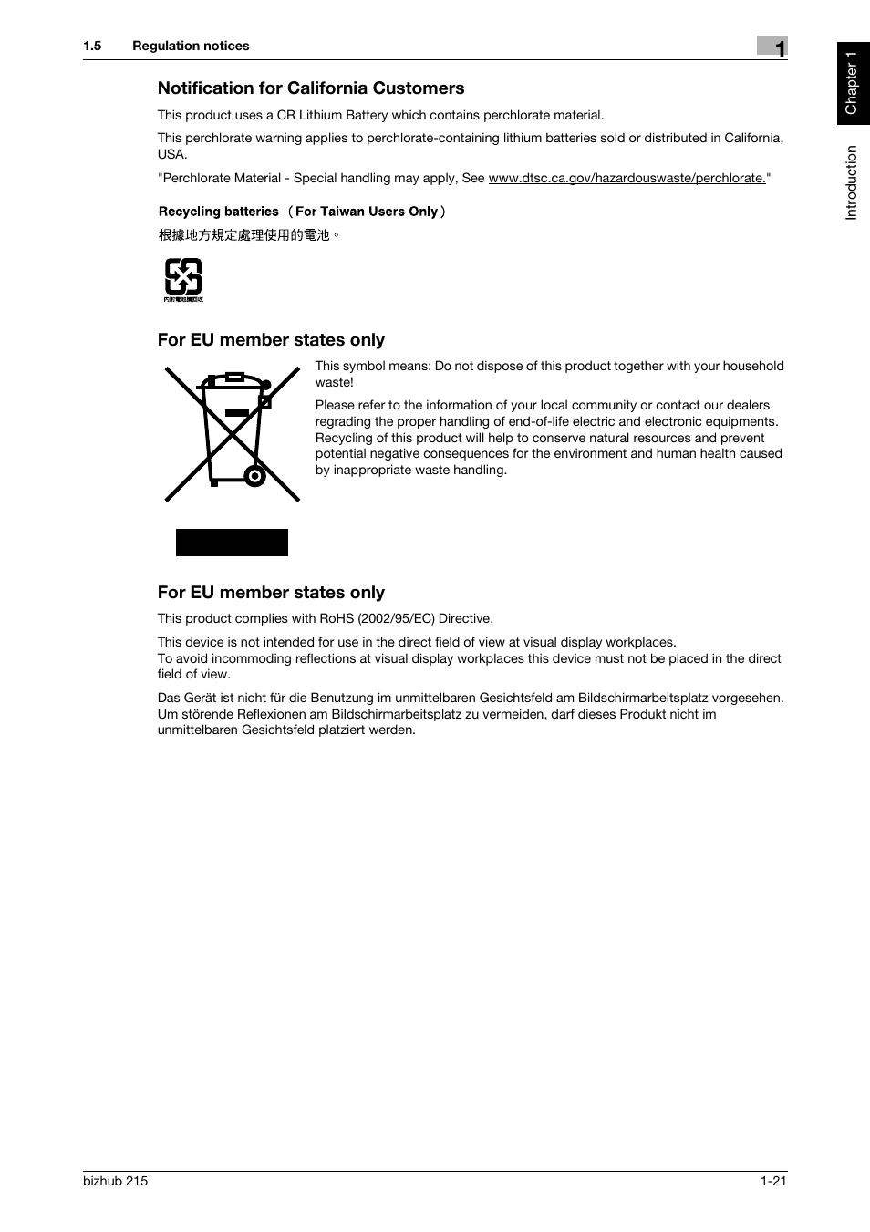 Notification for california customers, For eu member states only | Konica Minolta Bizhub 215 User Manual | Page 26 / 126