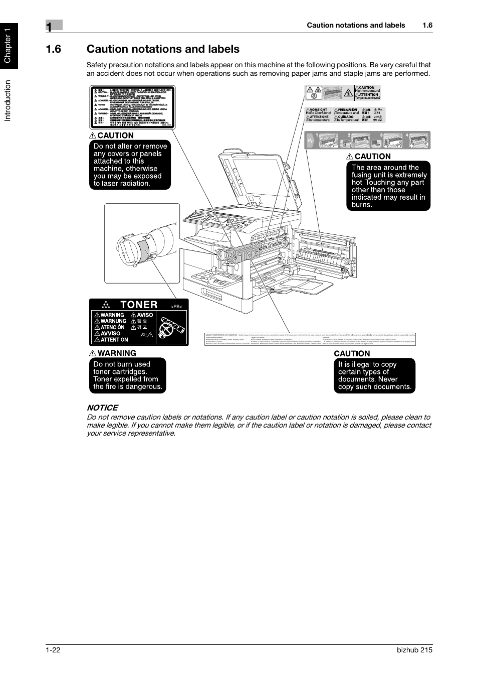 6 caution notations and labels, Caution notations and labels -22 | Konica Minolta Bizhub 215 User Manual | Page 27 / 126