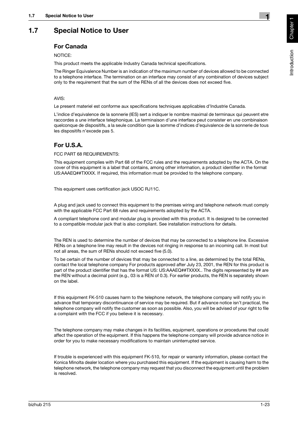 7 special notice to user, For canada, For u.s.a | Konica Minolta Bizhub 215 User Manual | Page 28 / 126