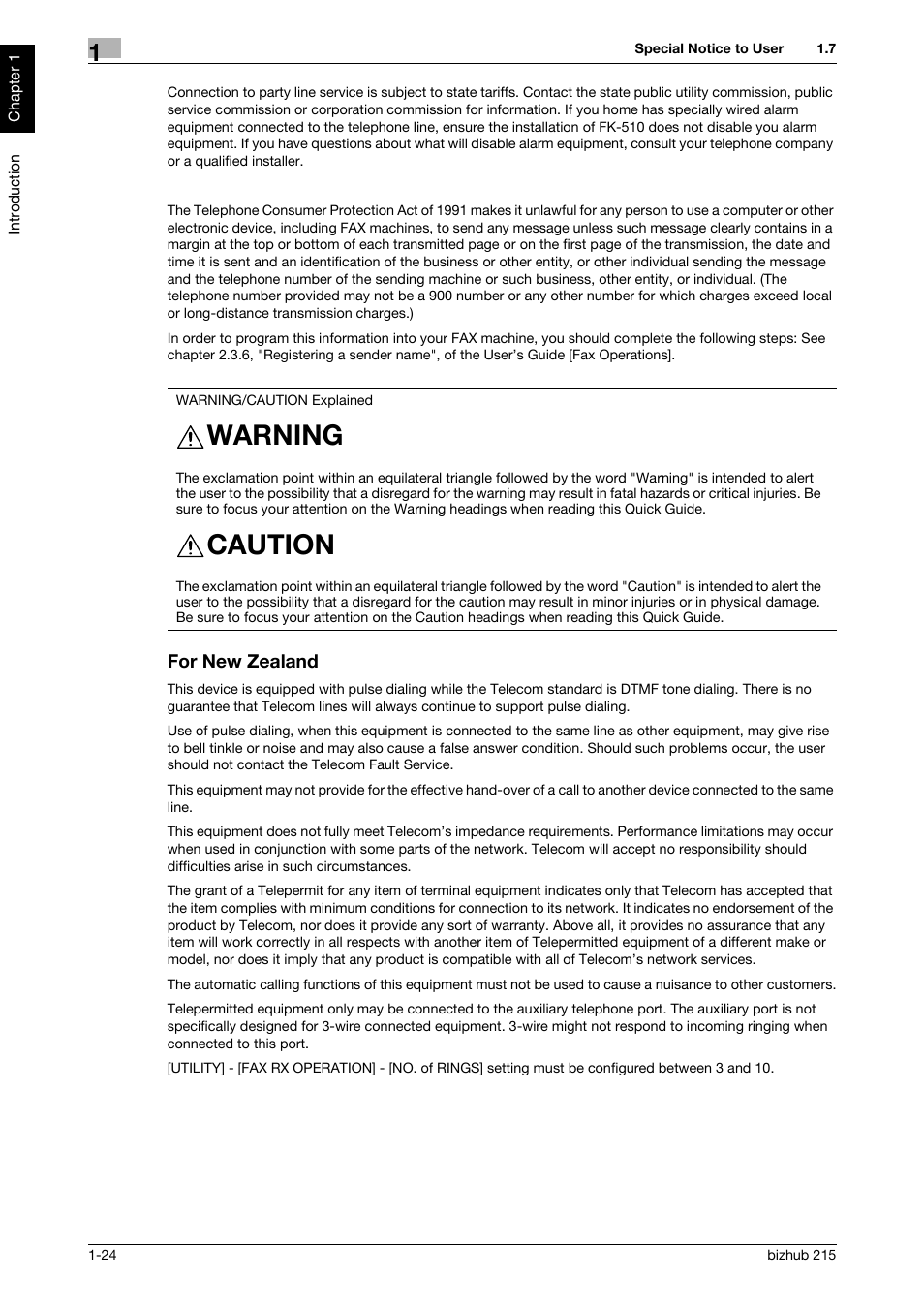For new zealand, For new zealand -24, Warning | Caution | Konica Minolta Bizhub 215 User Manual | Page 29 / 126