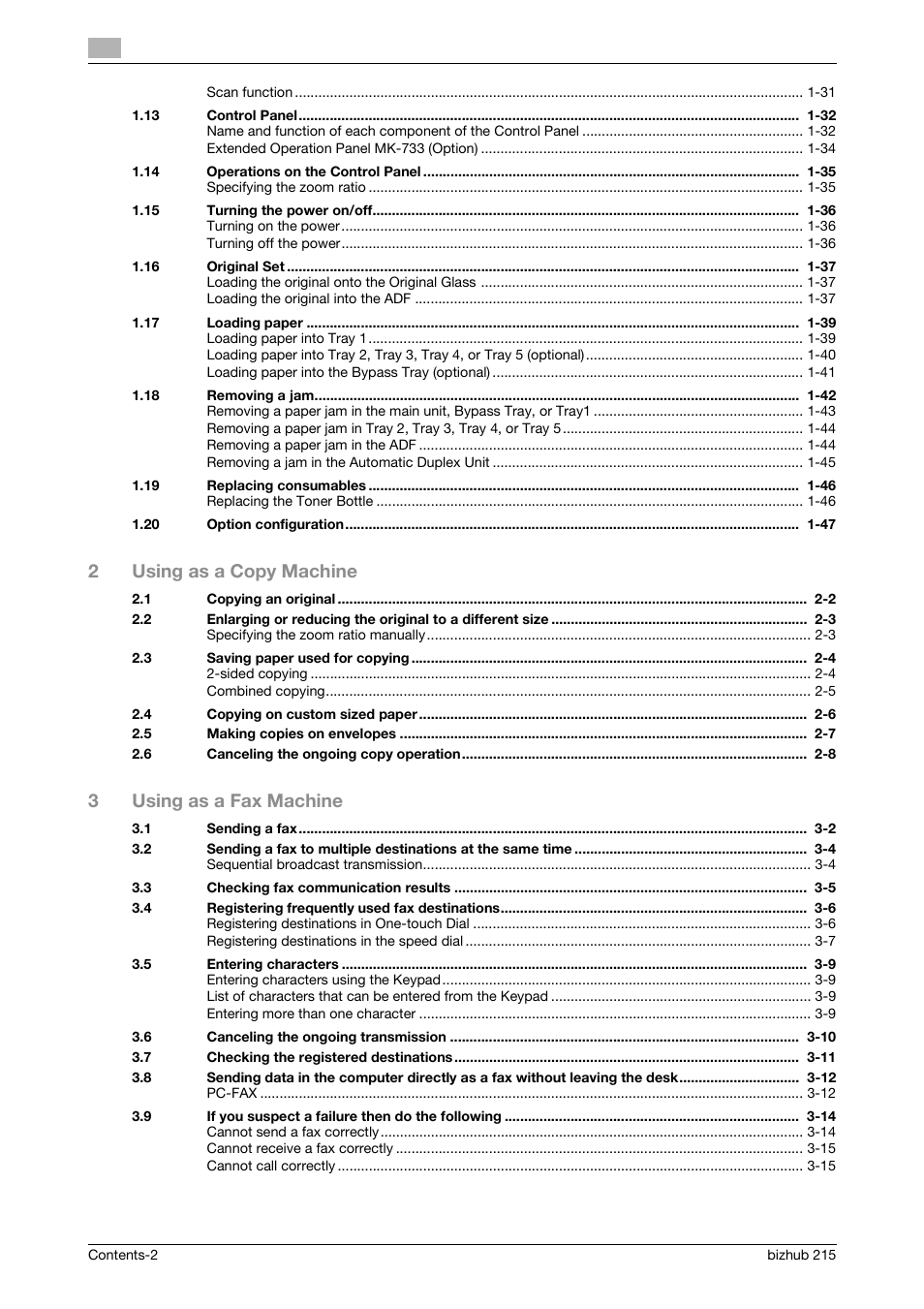 2using as a copy machine, 3using as a fax machine | Konica Minolta Bizhub 215 User Manual | Page 3 / 126