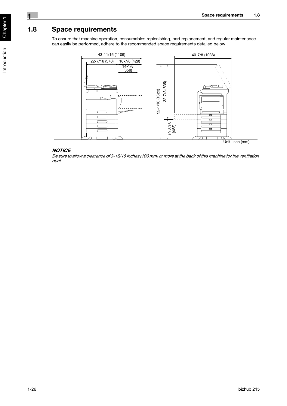 8 space requirements, Space requirements -26 | Konica Minolta Bizhub 215 User Manual | Page 31 / 126