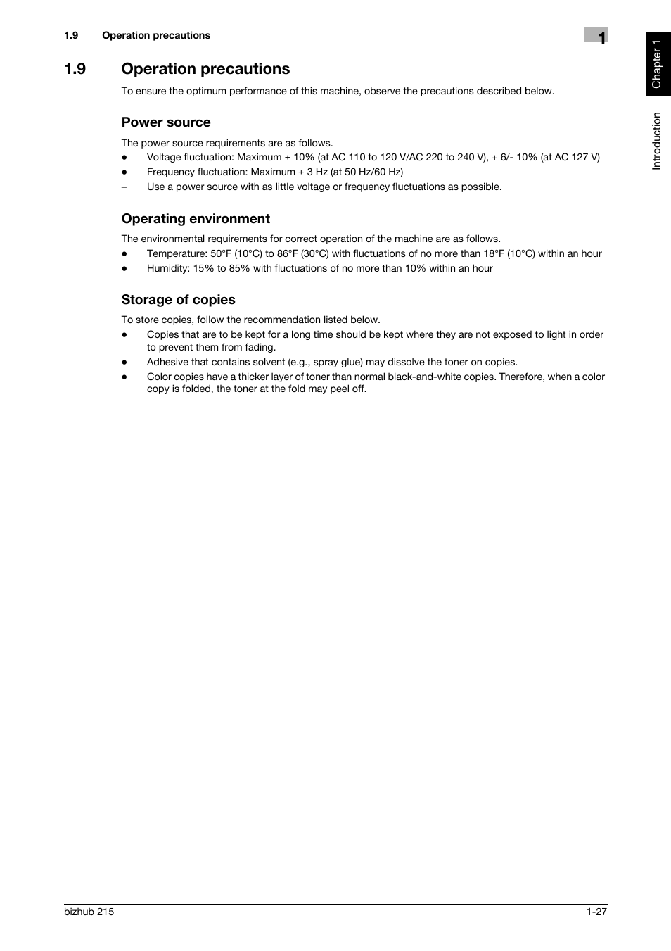 9 operation precautions, Power source, Operating environment | Storage of copies | Konica Minolta Bizhub 215 User Manual | Page 32 / 126