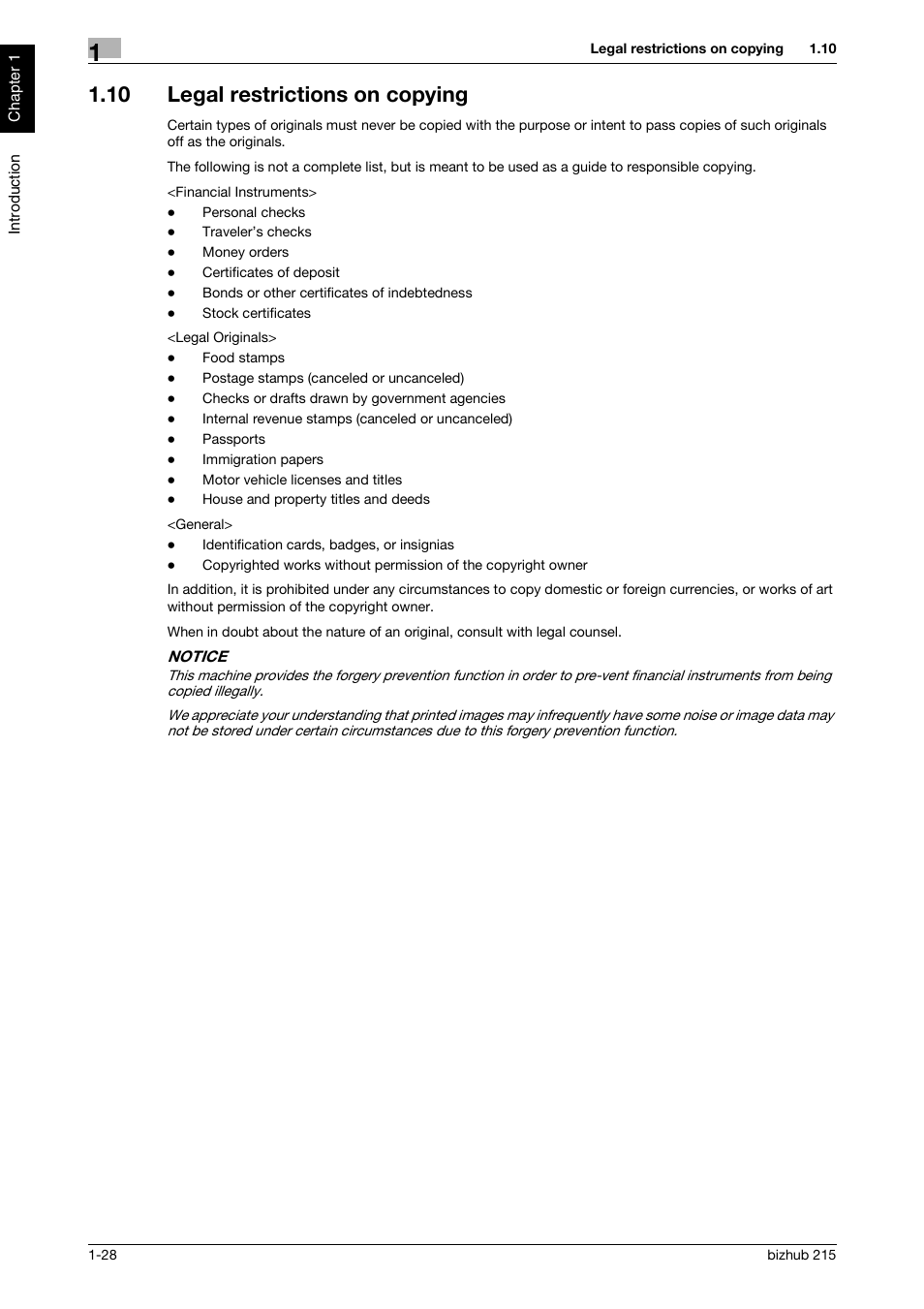 10 legal restrictions on copying, Legal restrictions on copying -28 | Konica Minolta Bizhub 215 User Manual | Page 33 / 126