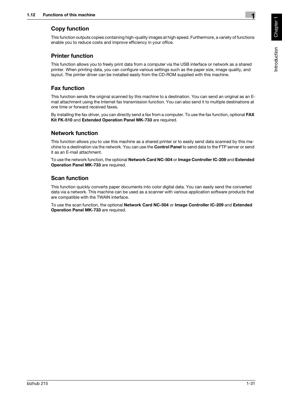 Copy function, Printer function, Fax function | Network function, Scan function, Scan function -31 | Konica Minolta Bizhub 215 User Manual | Page 36 / 126