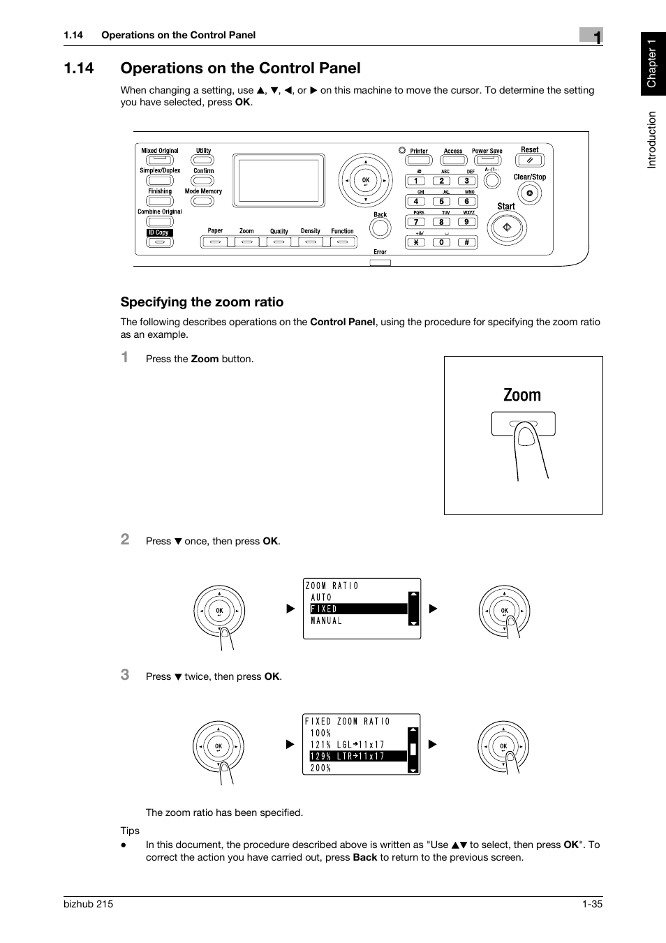 14 operations on the control panel, Specifying the zoom ratio | Konica Minolta Bizhub 215 User Manual | Page 40 / 126