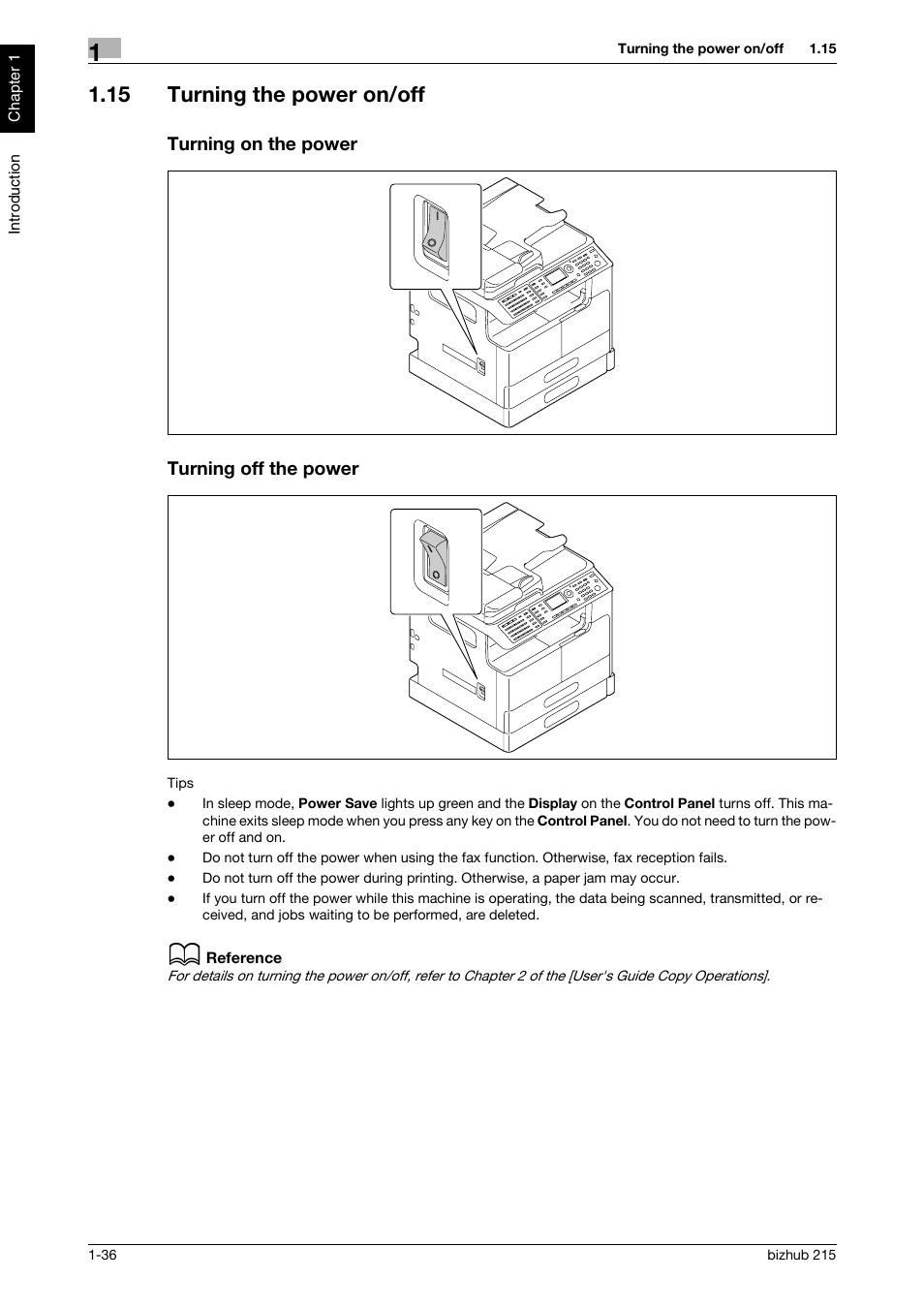 15 turning the power on/off, Turning on the power, Turning off the power | Konica Minolta Bizhub 215 User Manual | Page 41 / 126