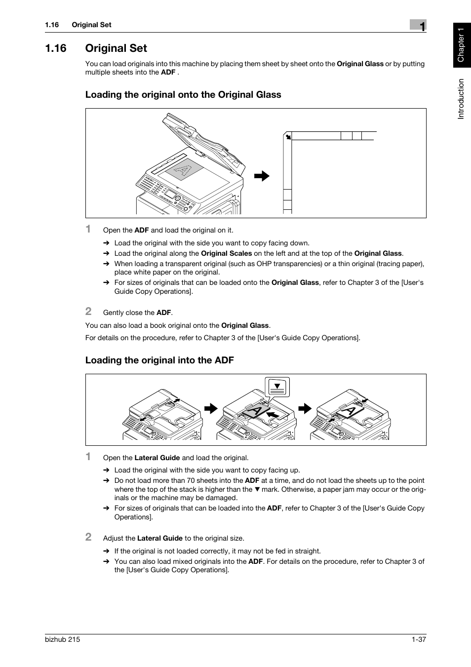 16 original set, Loading the original onto the original glass, Loading the original into the adf | Konica Minolta Bizhub 215 User Manual | Page 42 / 126