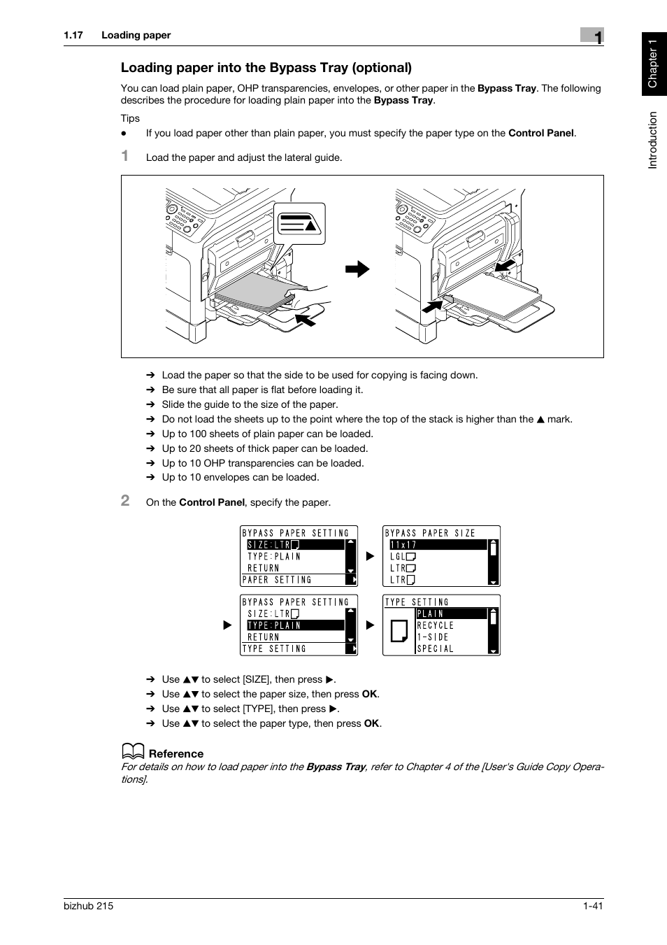 Loading paper into the bypass tray (optional), Loading paper into the bypass tray (optional) -41 | Konica Minolta Bizhub 215 User Manual | Page 46 / 126
