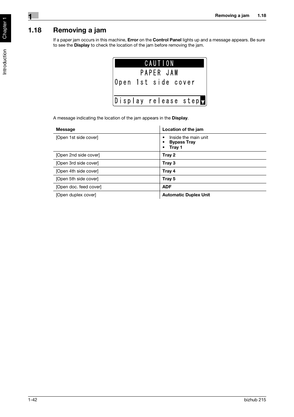 18 removing a jam, Removing a jam -42 | Konica Minolta Bizhub 215 User Manual | Page 47 / 126