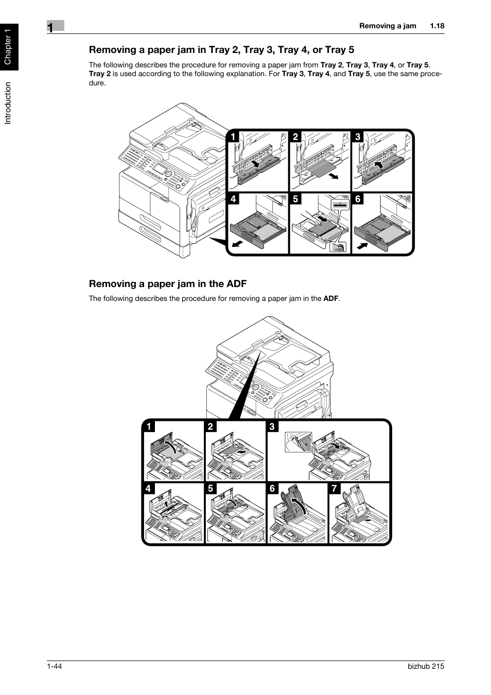 Removing a paper jam in the adf | Konica Minolta Bizhub 215 User Manual | Page 49 / 126