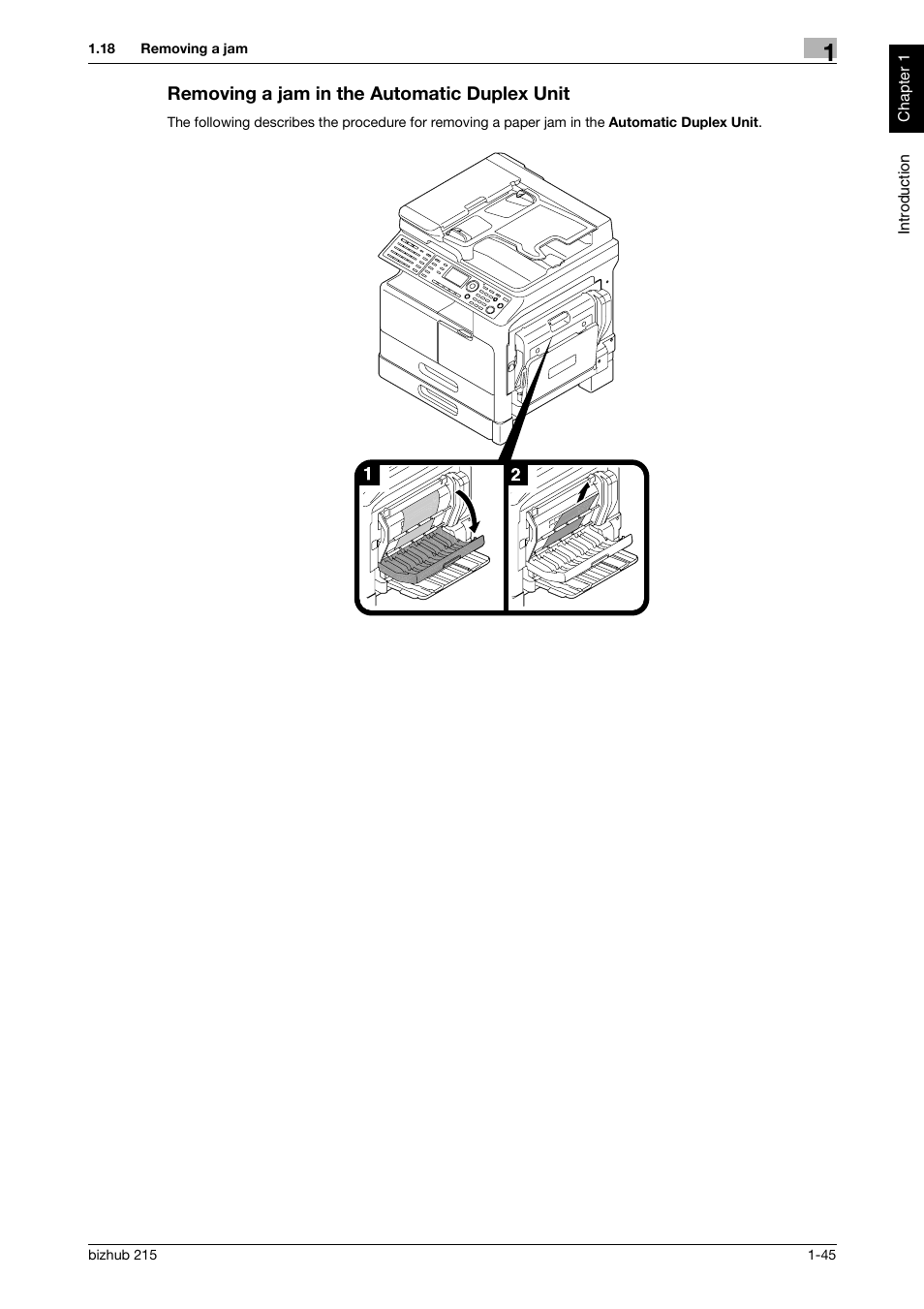 Removing a jam in the automatic duplex unit, Removing a jam in the automatic duplex unit -45 | Konica Minolta Bizhub 215 User Manual | Page 50 / 126