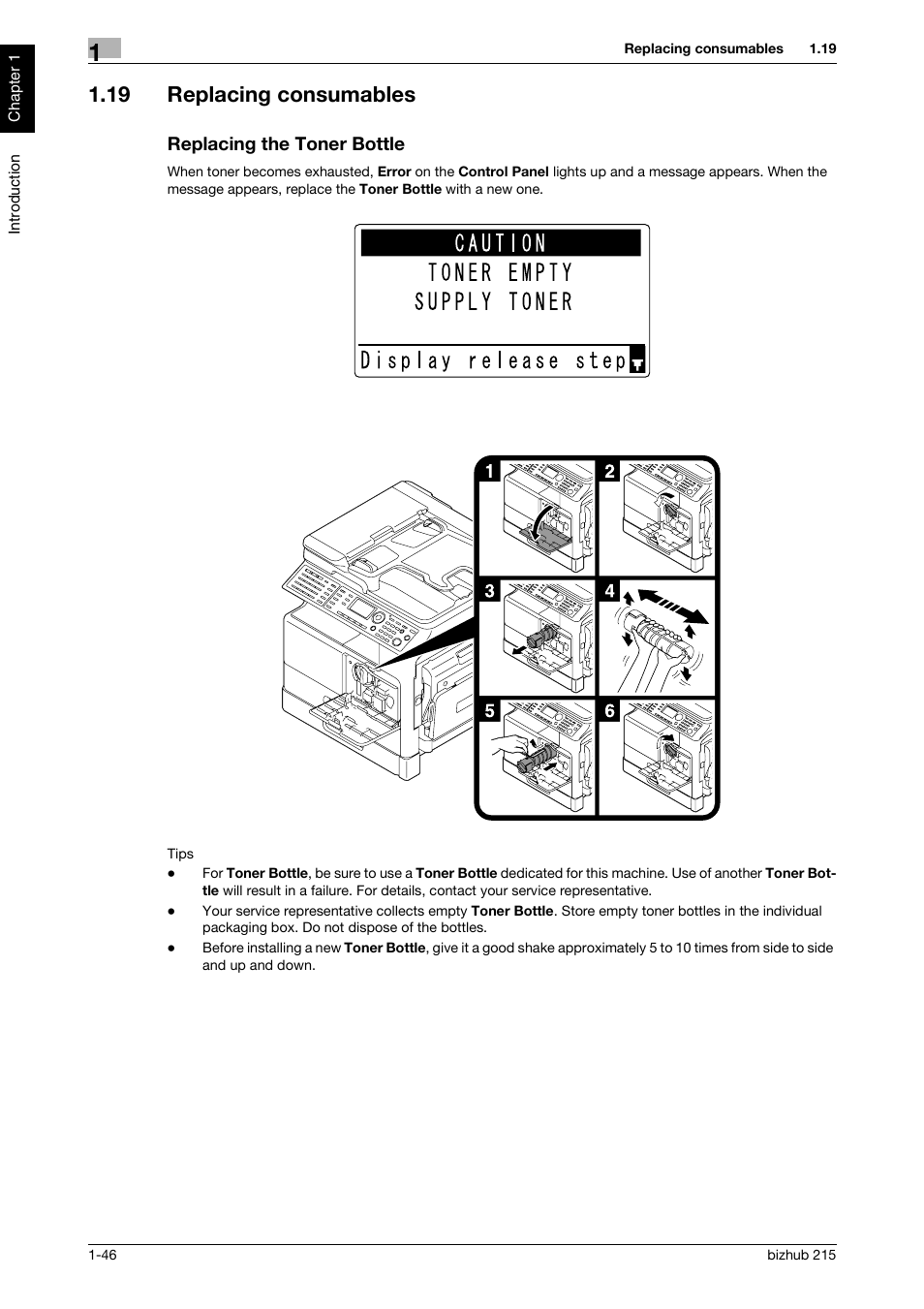 19 replacing consumables, Replacing the toner bottle | Konica Minolta Bizhub 215 User Manual | Page 51 / 126