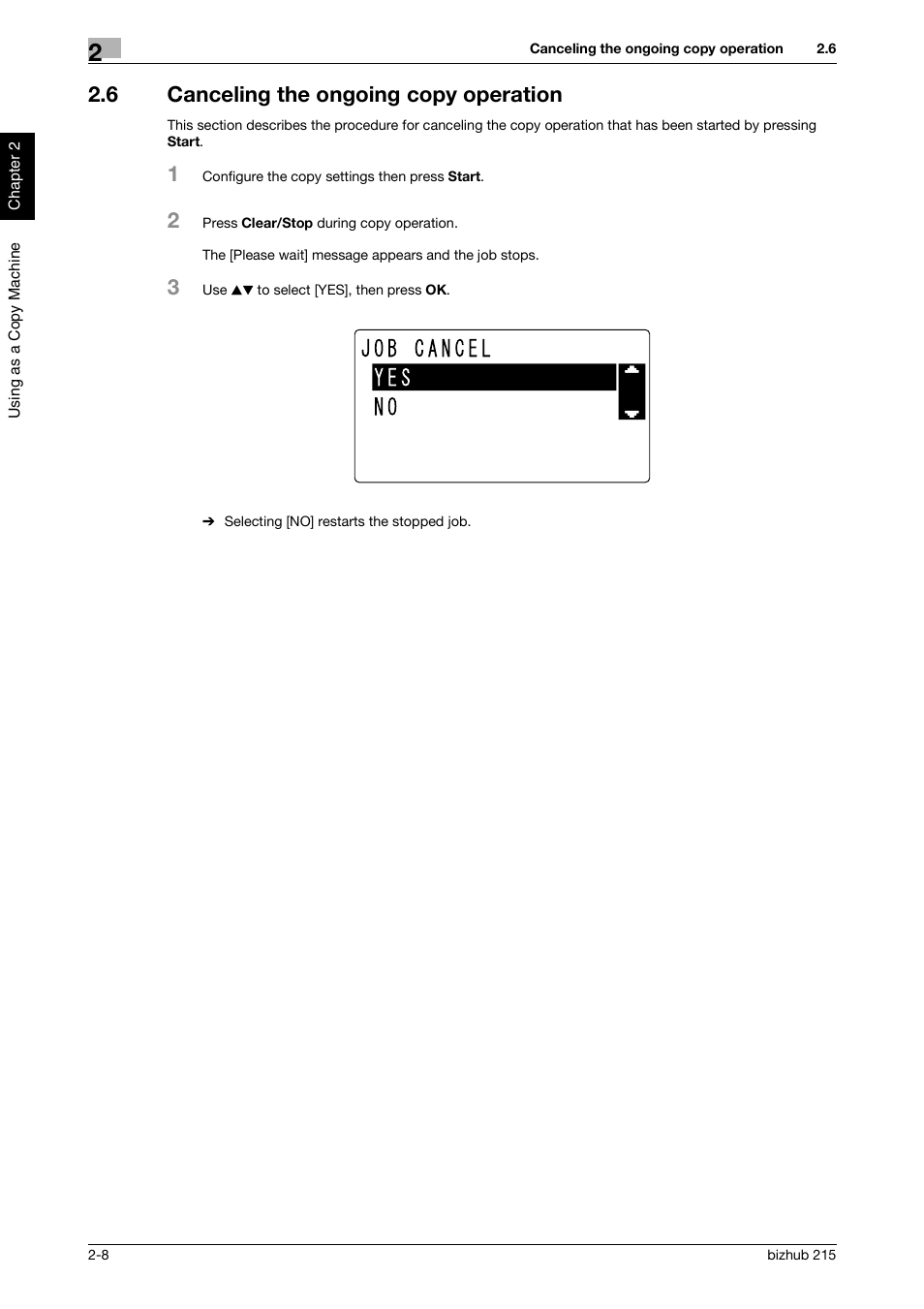 6 canceling the ongoing copy operation, Canceling the ongoing copy operation -8 | Konica Minolta Bizhub 215 User Manual | Page 61 / 126
