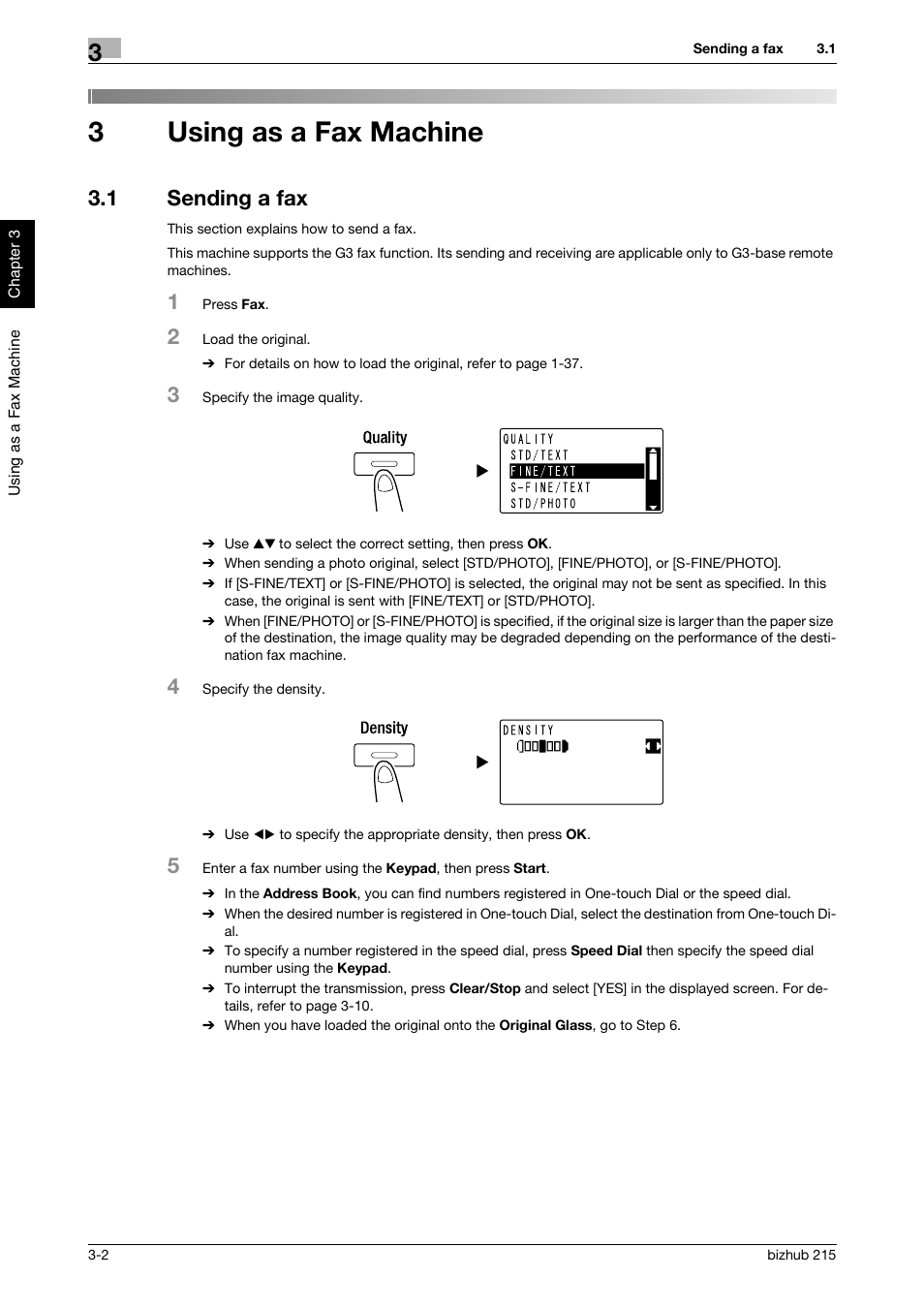 3 using as a fax machine, 1 sending a fax, Using as a fax machine | Sending a fax -2, 3using as a fax machine | Konica Minolta Bizhub 215 User Manual | Page 63 / 126