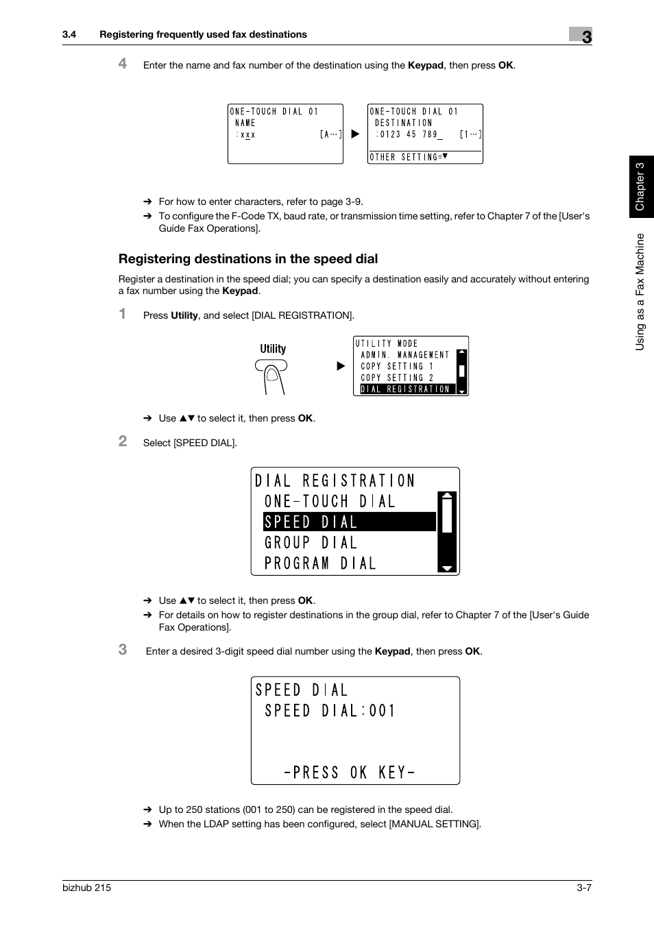 Registering destinations in the speed dial, Registering destinations in the speed dial -7 | Konica Minolta Bizhub 215 User Manual | Page 68 / 126