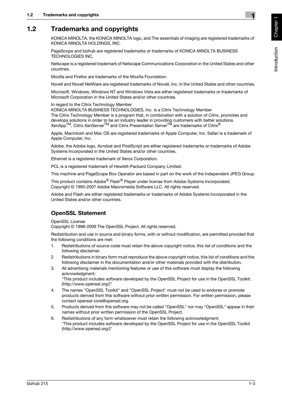 2 trademarks and copyrights, Openssl statement, Trademarks and copyrights -3 openssl statement -3 | Konica Minolta Bizhub 215 User Manual | Page 8 / 126