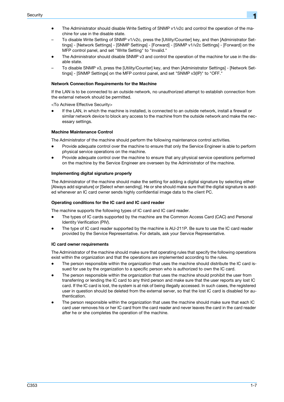 Network connection requirements for the machine, Machine maintenance control, Implementing digital signature properly | Ic card owner requirements | Konica Minolta bizhub C353 User Manual | Page 10 / 65