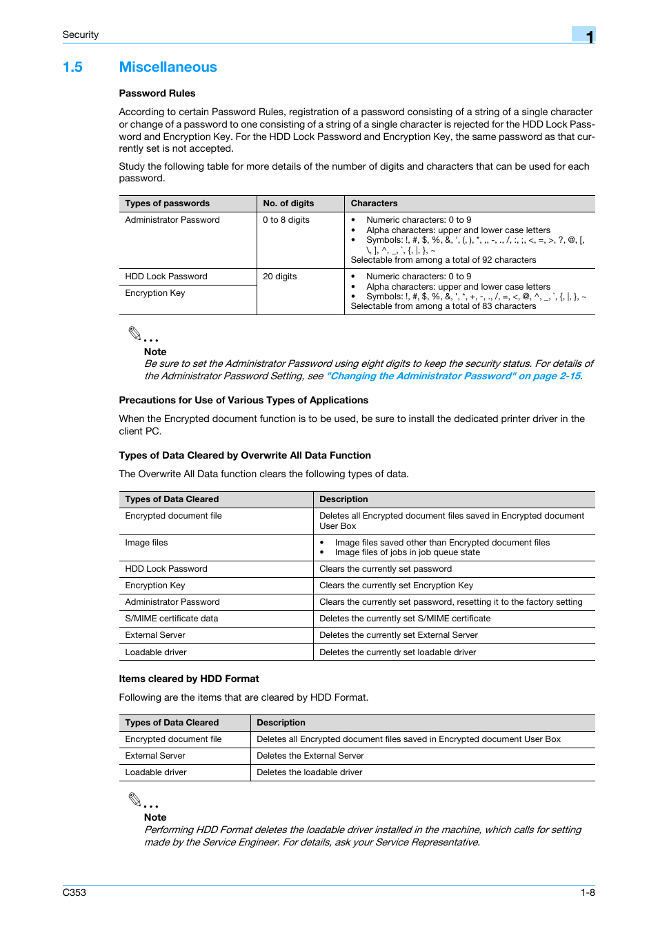 5 miscellaneous, Password rules, Items cleared by hdd format | Types of data cleared by overwrite all data func | Konica Minolta bizhub C353 User Manual | Page 11 / 65