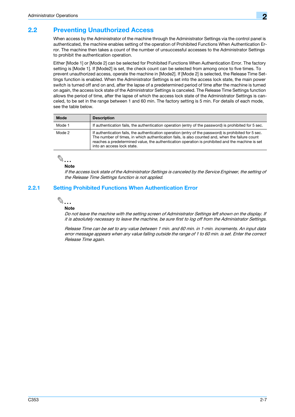2 preventing unauthorized access, Preventing unauthorized access -7 | Konica Minolta bizhub C353 User Manual | Page 18 / 65