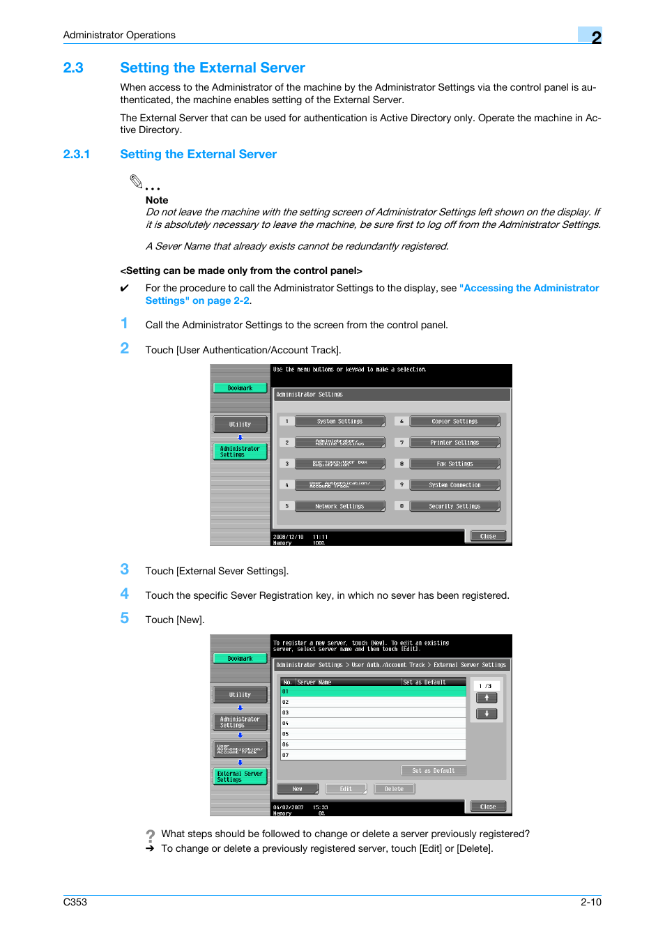 3 setting the external server, 1 setting the external server, Setting can be made only from the control panel | Setting the external server -10 | Konica Minolta bizhub C353 User Manual | Page 21 / 65