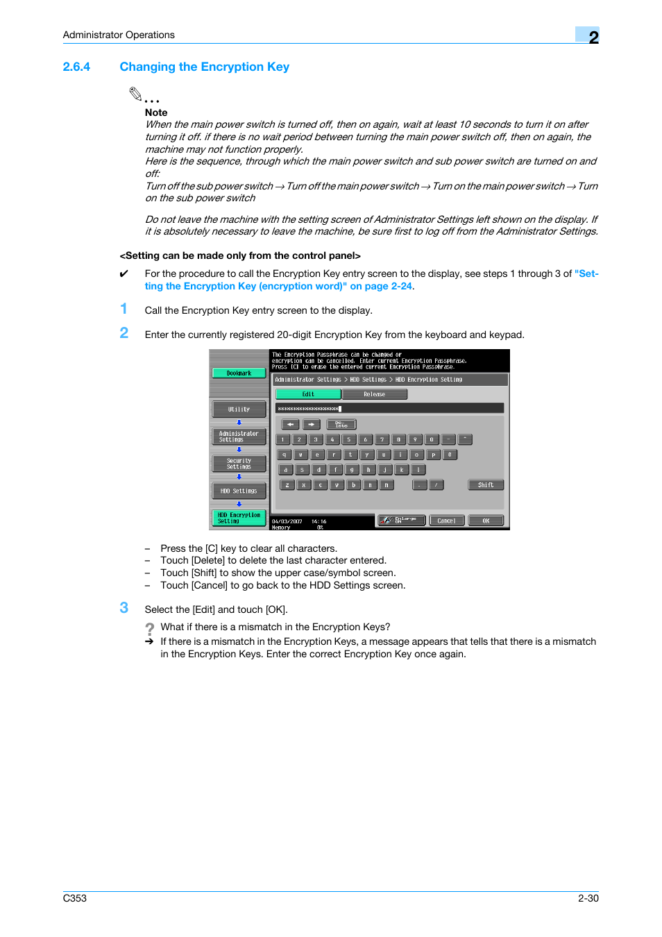 4 changing the encryption key, Setting can be made only from the control panel | Konica Minolta bizhub C353 User Manual | Page 41 / 65