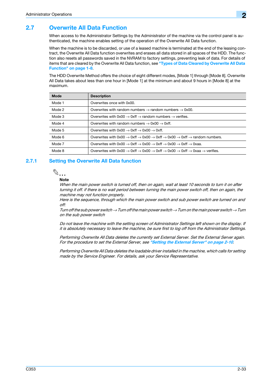 7 overwrite all data function, 1 setting the overwrite all data function, Overwrite all data function -33 | Setting the overwrite all data function -33 | Konica Minolta bizhub C353 User Manual | Page 44 / 65