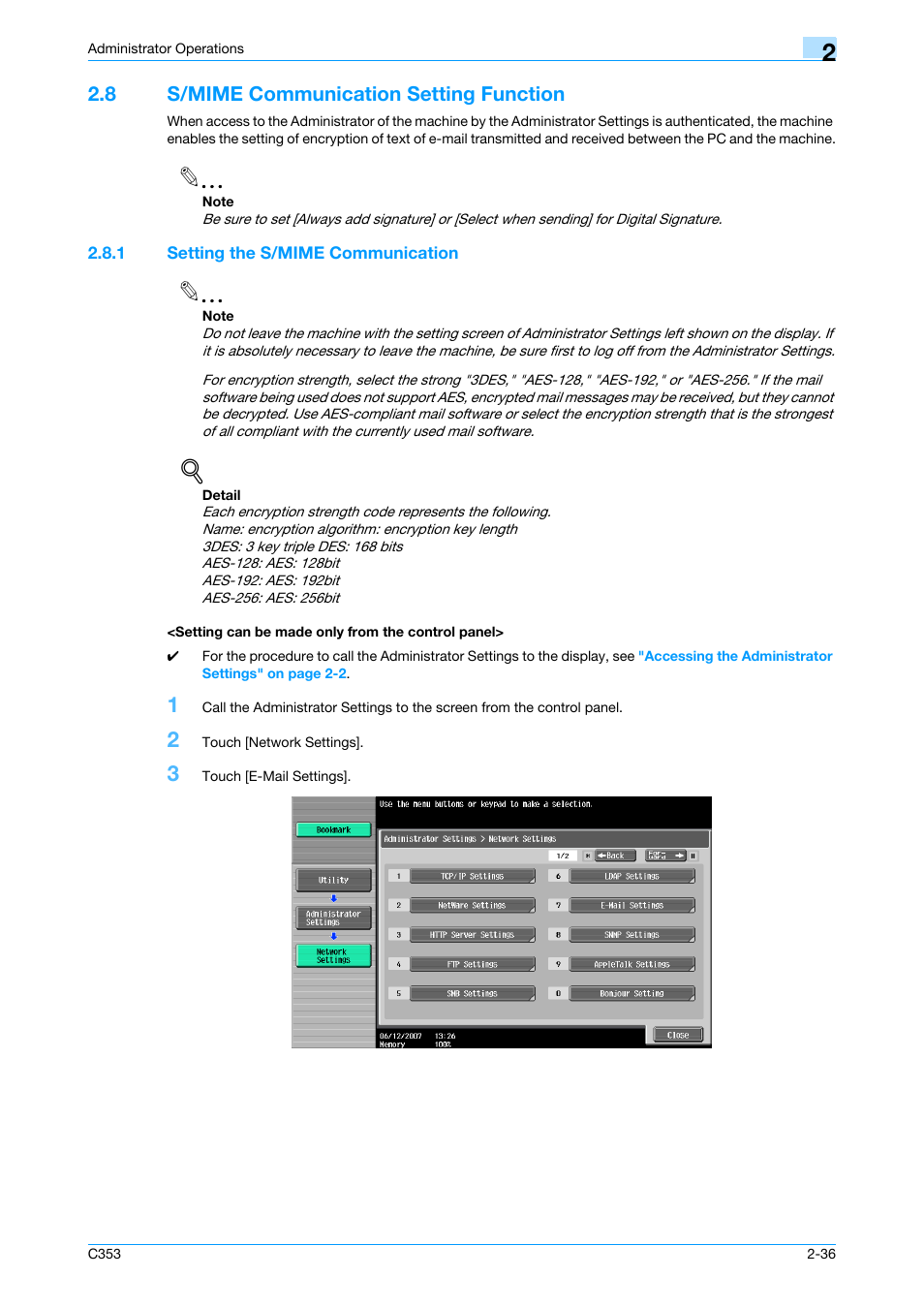 8 s/mime communication setting function, 1 setting the s/mime communication, Setting can be made only from the control panel | S/mime communication setting function -36 | Konica Minolta bizhub C353 User Manual | Page 47 / 65