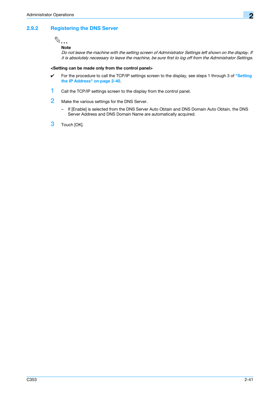 2 registering the dns server, Setting can be made only from the control panel | Konica Minolta bizhub C353 User Manual | Page 52 / 65