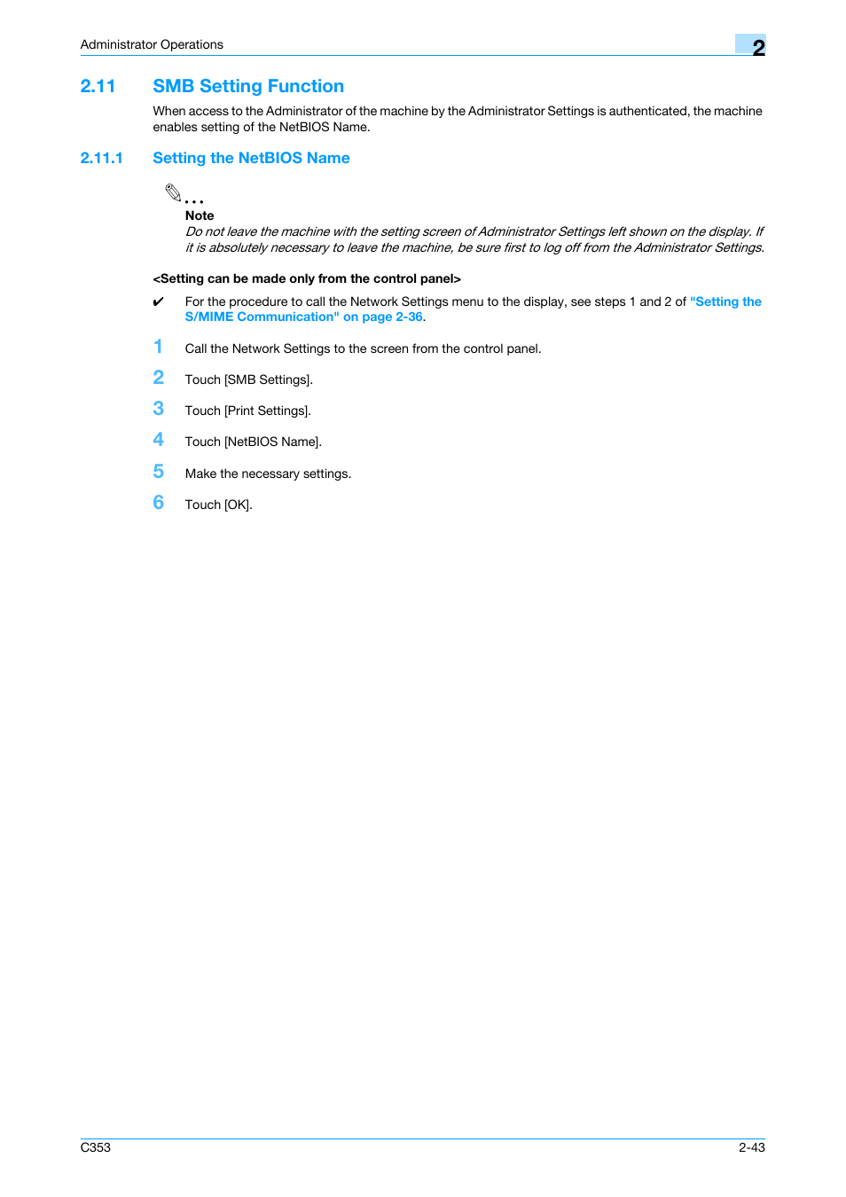 11 smb setting function, 1 setting the netbios name, Setting can be made only from the control panel | Smb setting function -43 | Konica Minolta bizhub C353 User Manual | Page 54 / 65