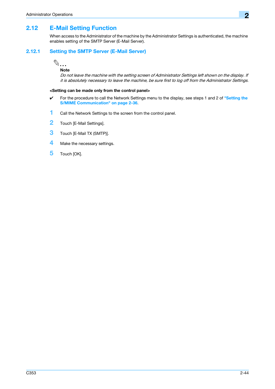 12 e-mail setting function, 1 setting the smtp server (e-mail server), Setting can be made only from the control panel | E-mail setting function -44 | Konica Minolta bizhub C353 User Manual | Page 55 / 65