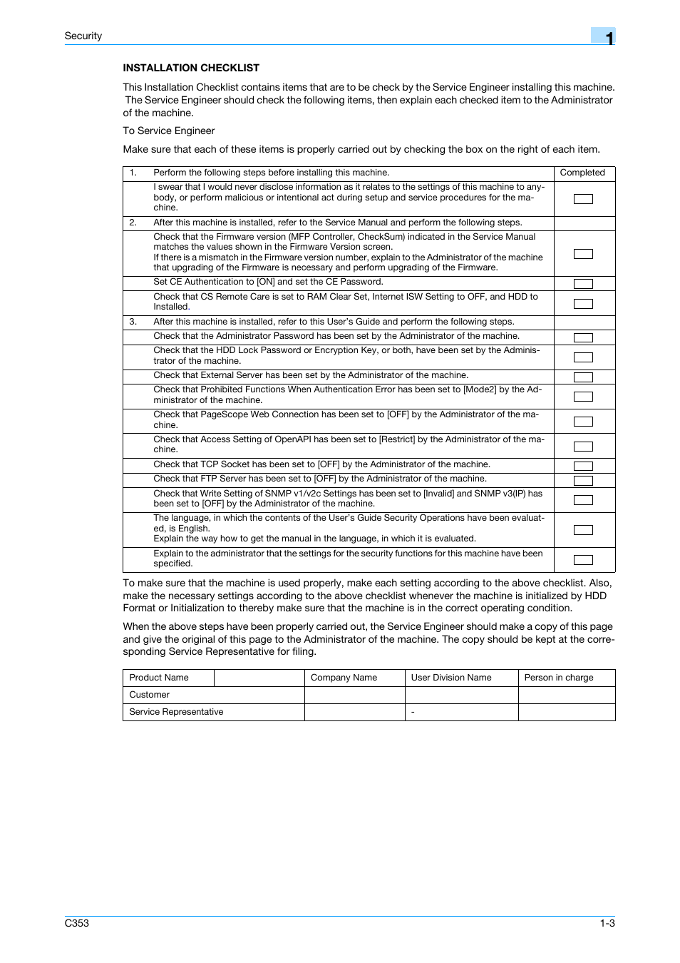 Installation checklist, Installation checklist -3 | Konica Minolta bizhub C353 User Manual | Page 6 / 65