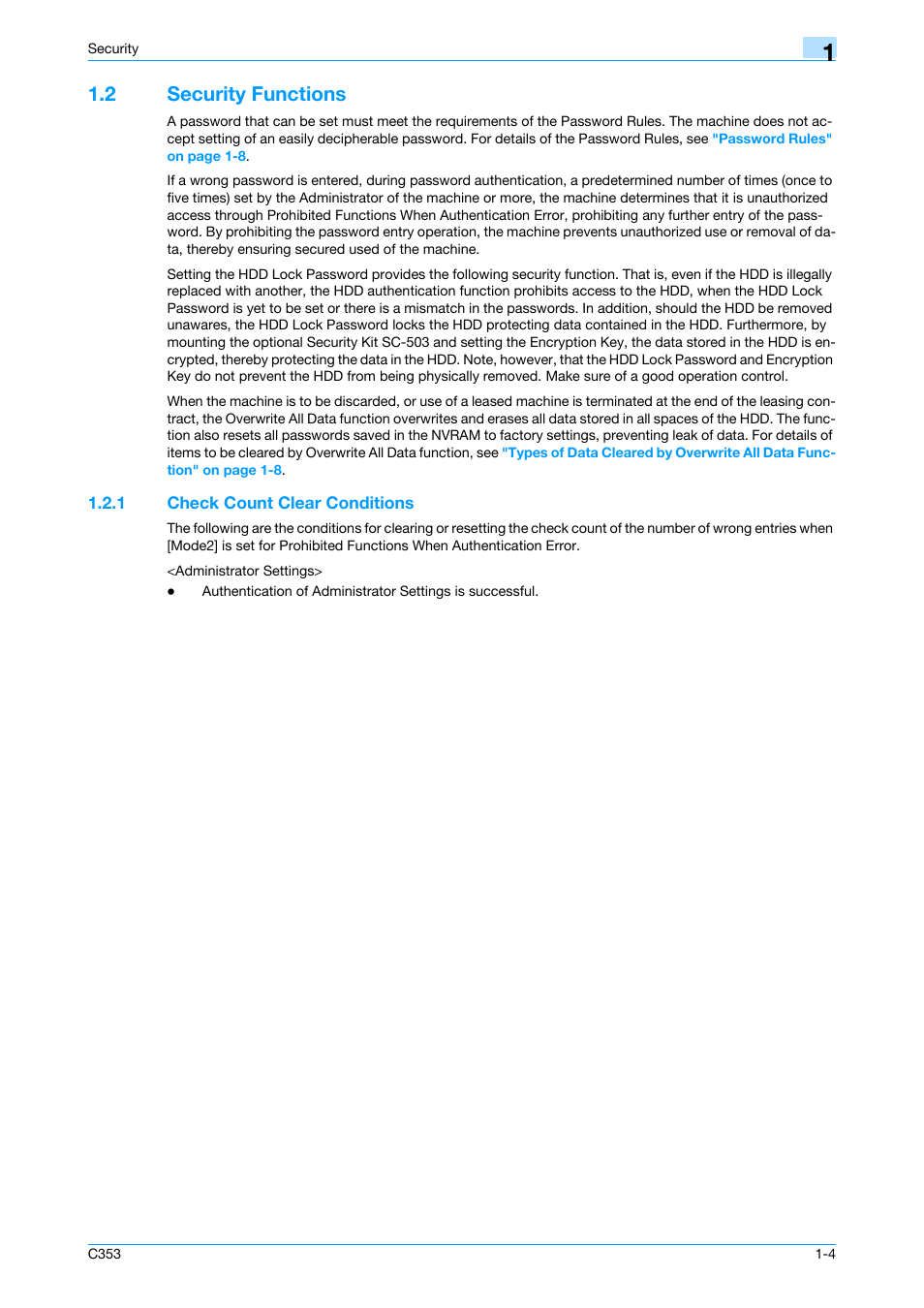 2 security functions, 1 check count clear conditions, Security functions -4 | Check count clear conditions -4 | Konica Minolta bizhub C353 User Manual | Page 7 / 65