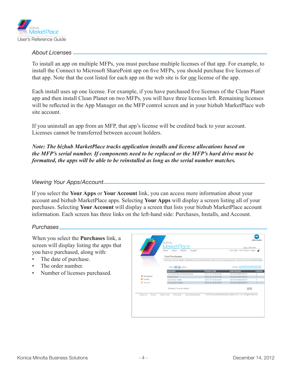 About licenses, Viewing your apps/account, Purchases | Konica Minolta bizhub MarketPlace User Manual | Page 8 / 14