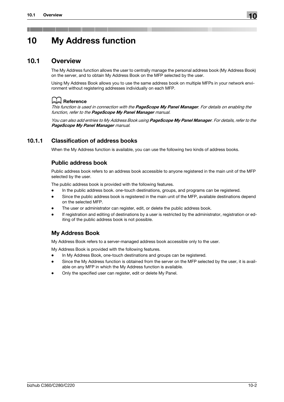 10 my address function, 1 overview, 1 classification of address books | Public address book, My address book, My address function, Overview -2, P. 10-2 | Konica Minolta BIZHUB C360 User Manual | Page 100 / 111