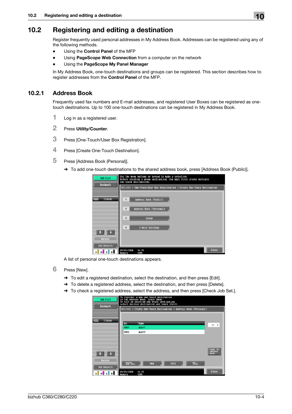 2 registering and editing a destination, 1 address book, Registering and editing a destination -4 | Address book -4 | Konica Minolta BIZHUB C360 User Manual | Page 102 / 111